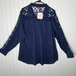 New Together Navy Button Up Lace Detail Top Size 20